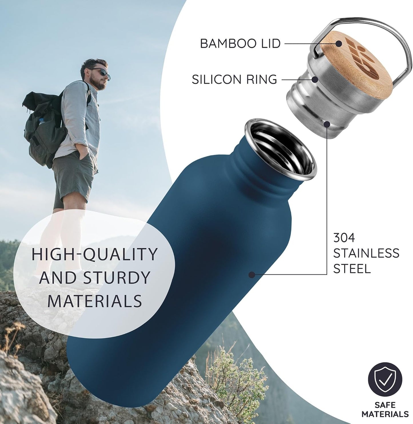 Bambaw Stainless Steel Water Bottles 32 oz, Non-insulated Single Wall Metal Water Bottle Stainless Steel, Reusable & Eco Friendly, Dishwasher Safe – Silver | Non-insulated