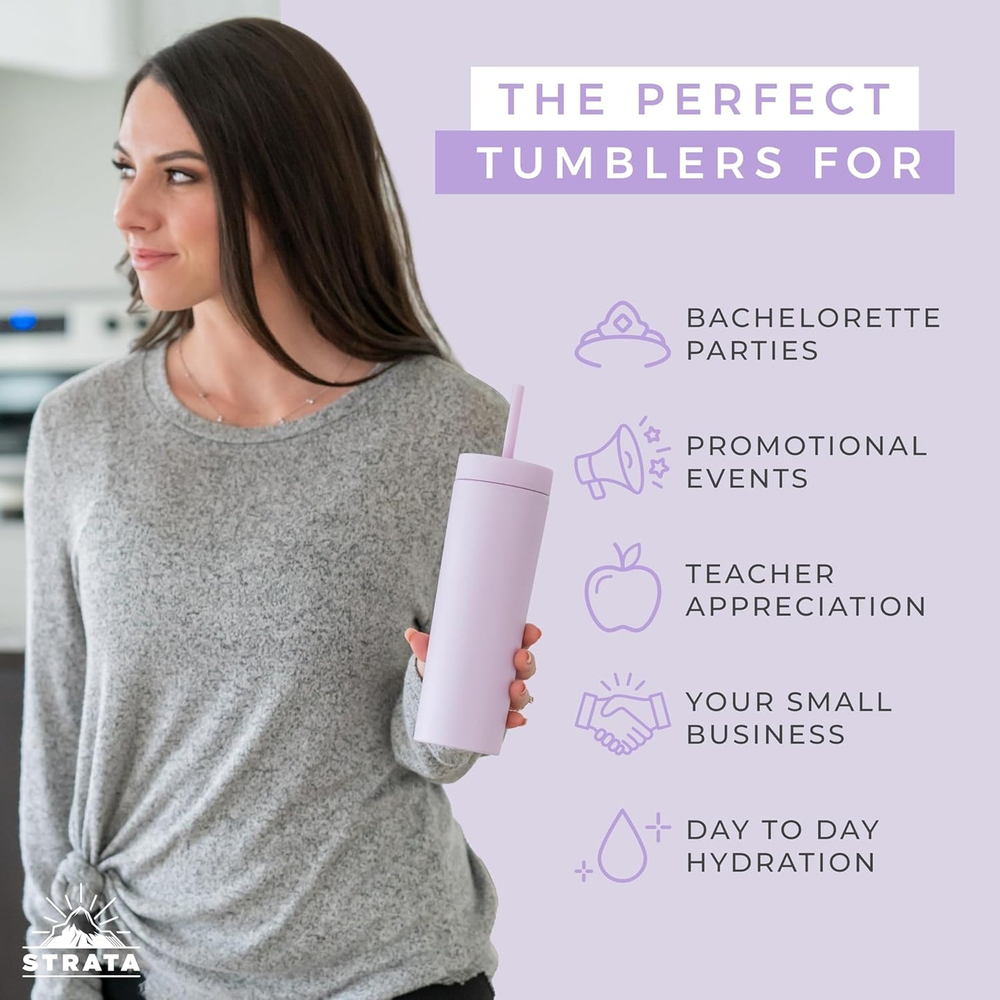 STRATA CUPS Perwinkle Skinny Tumblers with Lids and Straws (4 pack), 16oz Matte Pastel Colored Acrylic Tumblers with Lids and Straws, Double Wall Skinny Tumbler Bulk, Reusable Cup with Straw Cleaner