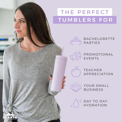STRATA CUPS Perwinkle Skinny Tumblers with Lids and Straws (4 pack), 16oz Matte Pastel Colored Acrylic Tumblers with Lids and Straws, Double Wall Skinny Tumbler Bulk, Reusable Cup with Straw Cleaner