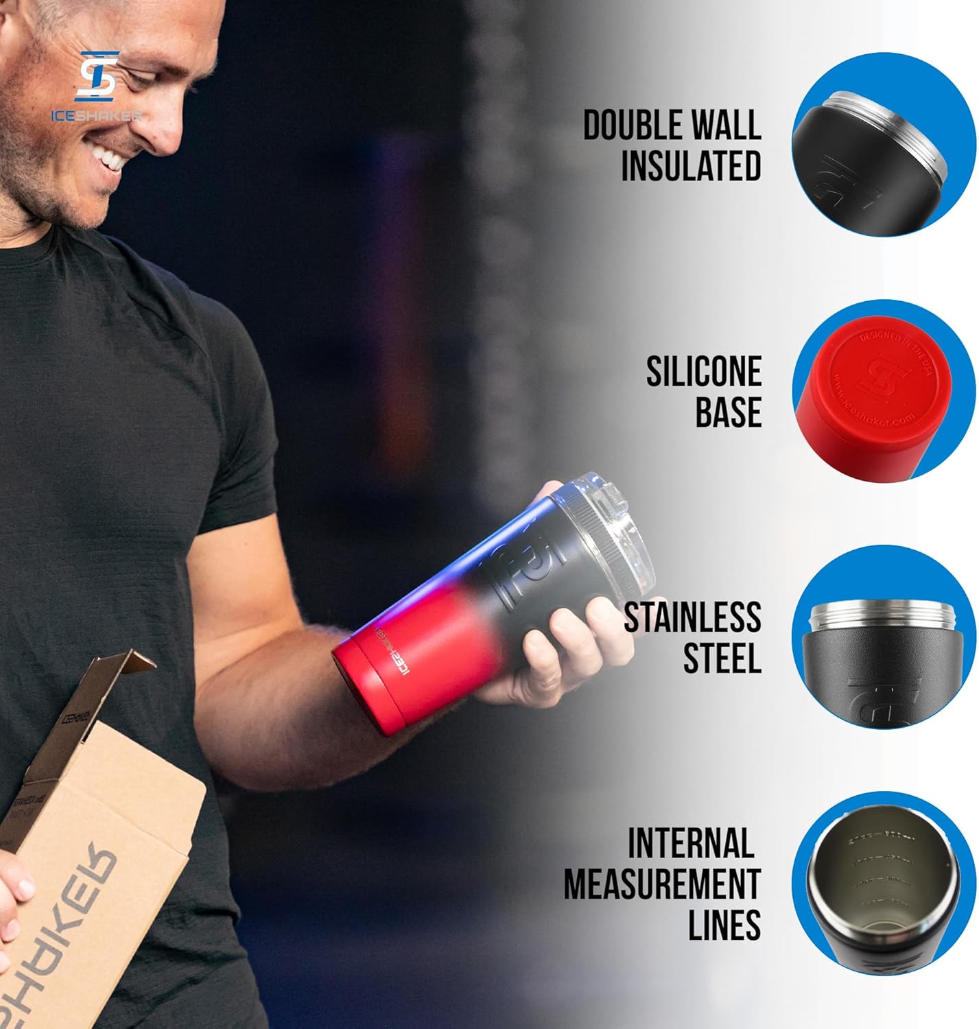 Ice Shaker Insulated Stainless Steel Shaker Bottle | 26oz, Black | Cold for 30+ Hours | Insulated Cup with Twist-on Agitator | Odor-Free Bottle for Protein Shakes, Water, Smoothies, Cocktails