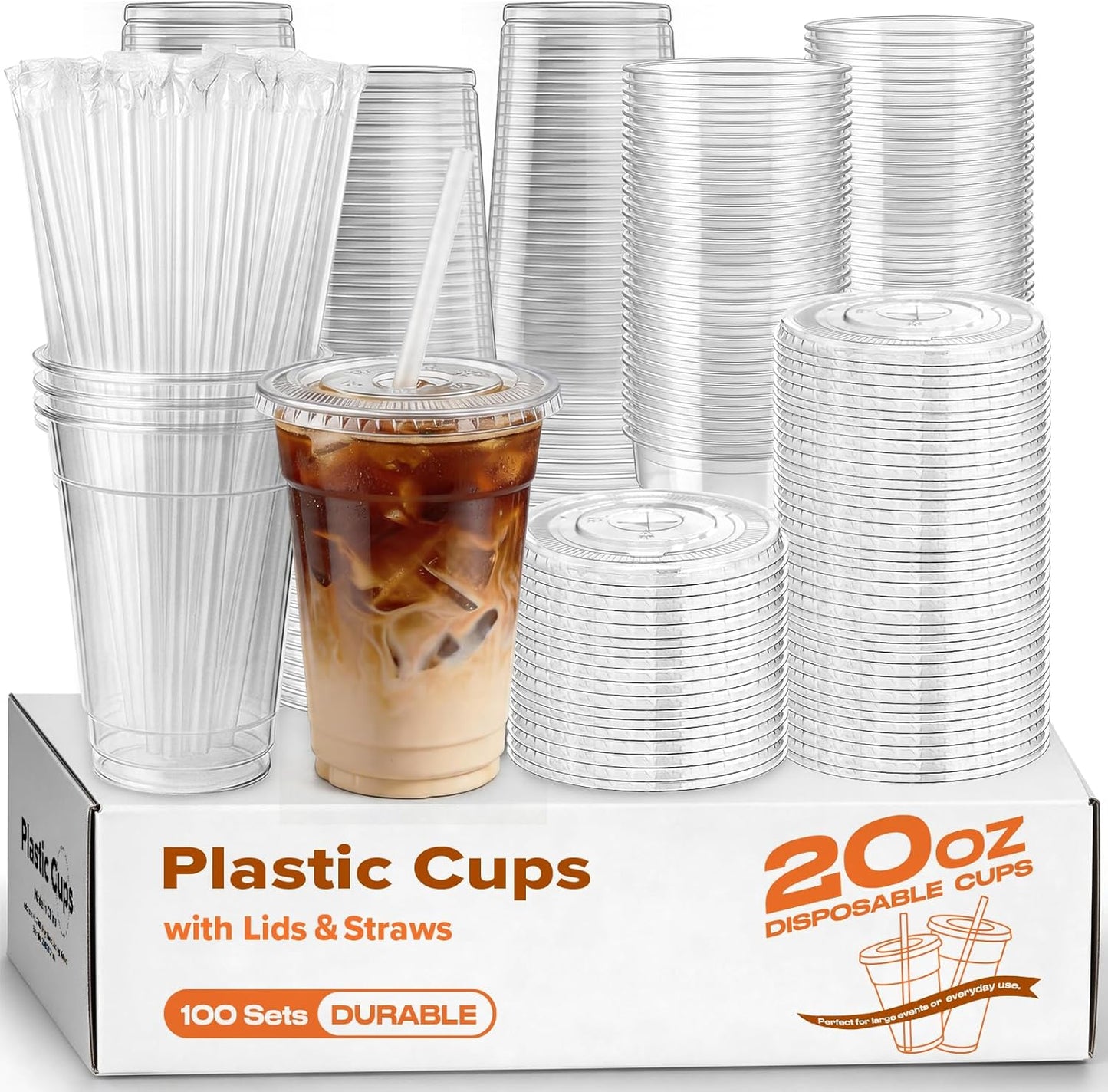 100 Pack 16 oz Plastic Cups with Lids and Straws, Clear Disposable Plastic Cups, Heavy Duty Iced Coffee Cups with Leak-Resistant Lids, Cold Drink Cups for Juice, Coffee and Milk Tea & Party To Go