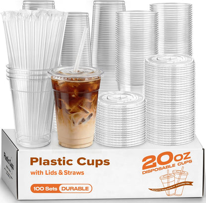 100 Pack 16 oz Plastic Cups with Lids and Straws, Clear Disposable Plastic Cups, Heavy Duty Iced Coffee Cups with Leak-Resistant Lids, Cold Drink Cups for Juice, Coffee and Milk Tea & Party To Go