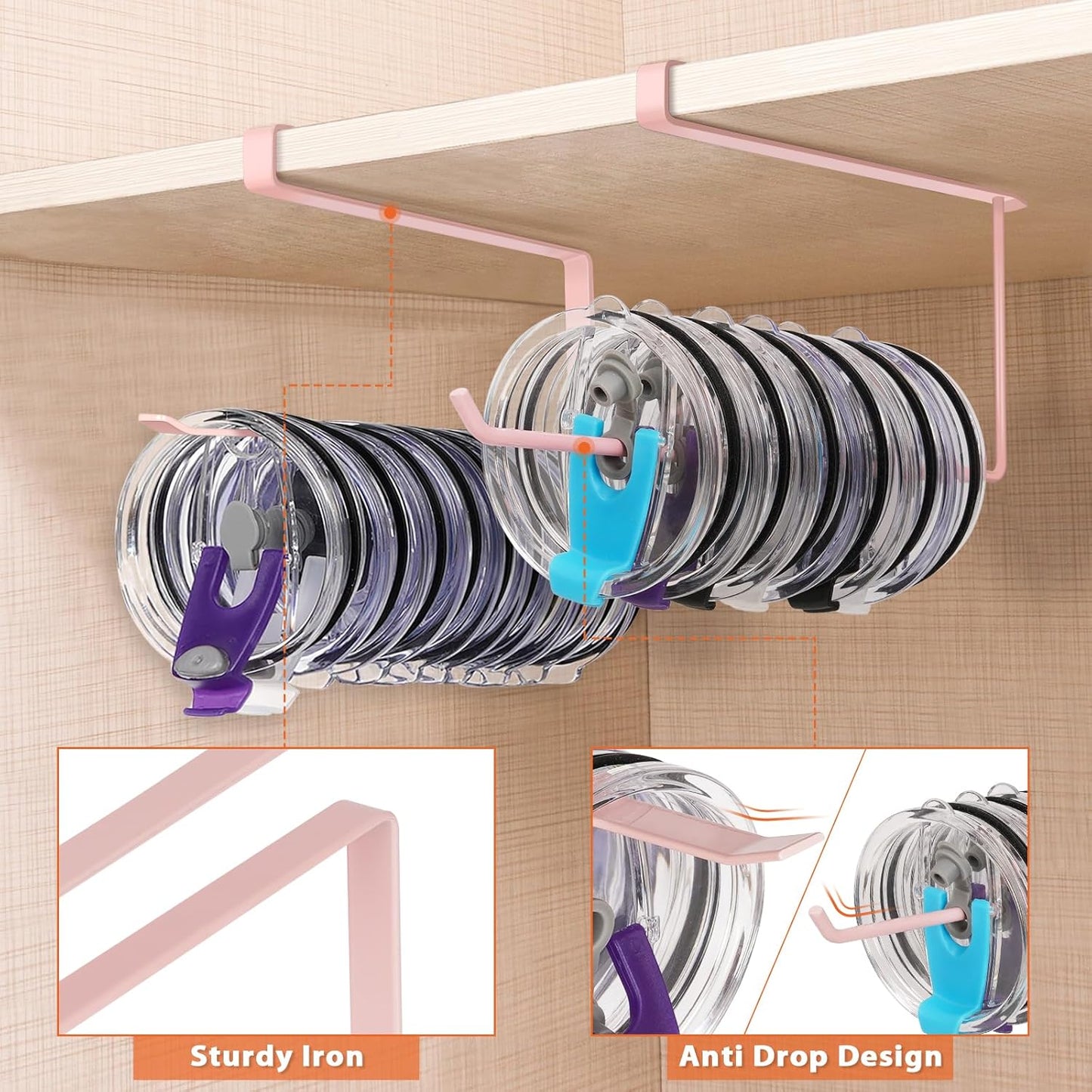 Tumbler Lid Organizer, Horizontal Tumbler Lid Storage Hook Up to 10 Lids, Space Saving Cup Lid Holders Under Cabinet Tumbler Lid Hook for Kitchen Organizer and Storage,Hanging Paper Towel Rack Hanger
