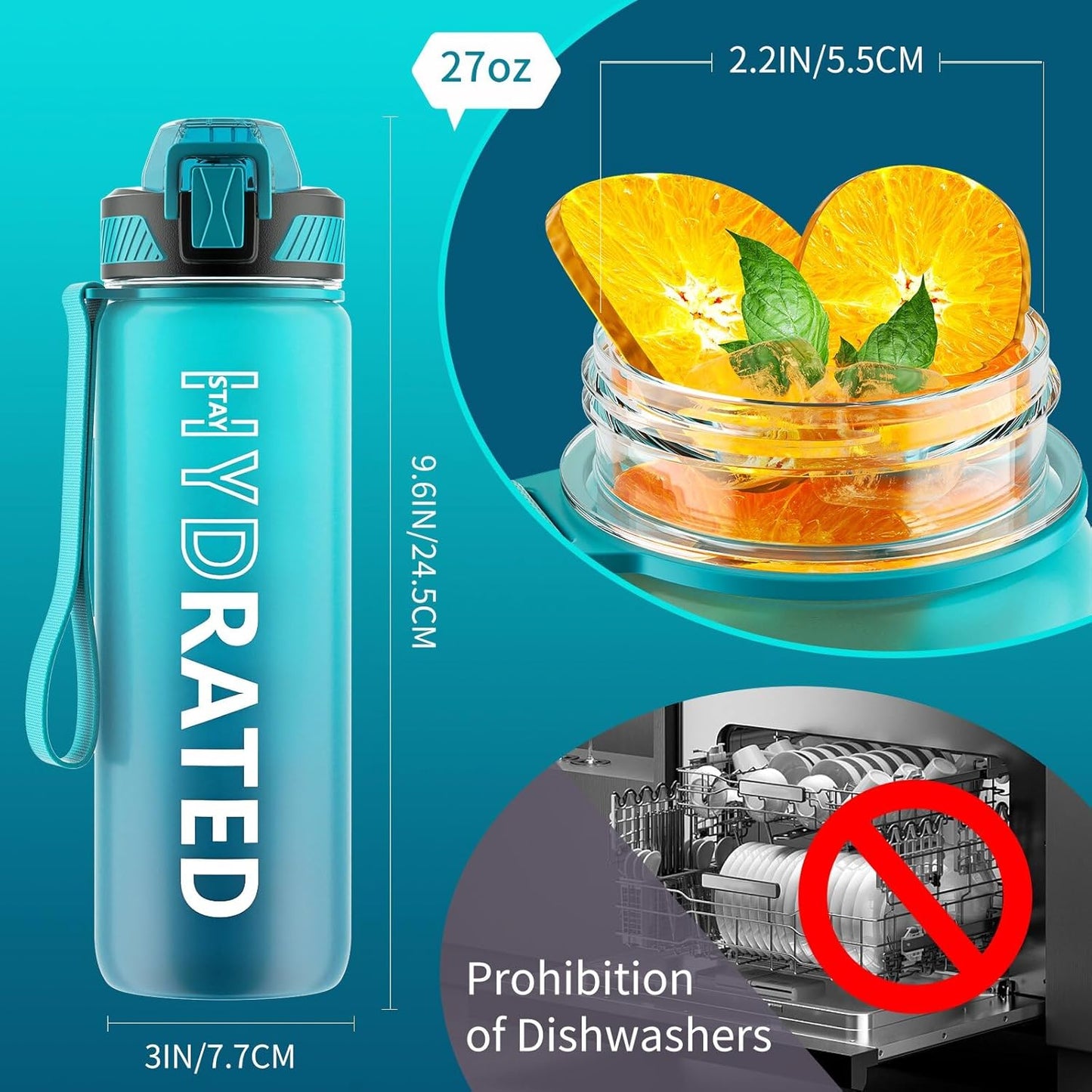 QLUR Water Bottle with Straw, 32oz Motivational Water Bottles with Time Marker to Drink, Tritan BPA Free, 1L Sports Water Bottle with Carry Strap LeakProof for Women Gym Fitness Outdoor (1 Pack)