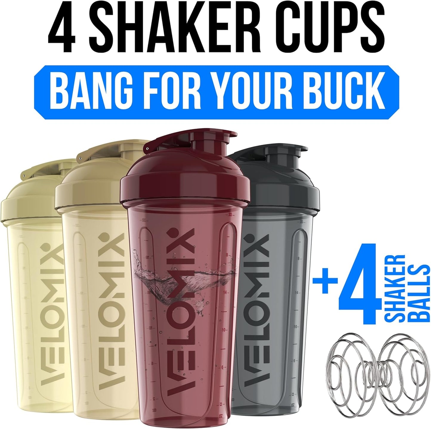 VELOMIX -4 Pack- 28 oz Protein Shaker Bottles for Protein Mixes - 4x Wire Whisk | Leak Proof Shaker Cups for Protein Shakes | Stackable Protein Shaker Bottle Pack (A1) Silver Aurora