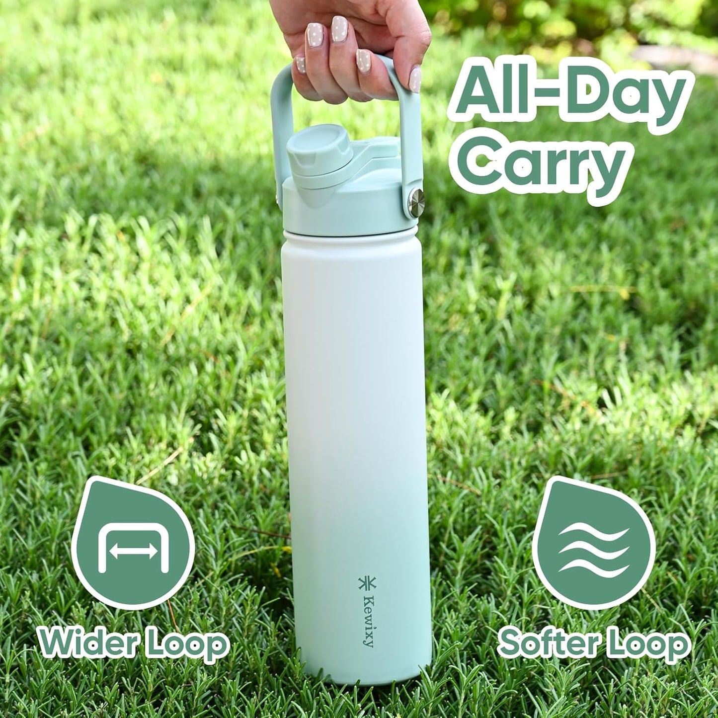 KEWIXY 32 oz Insulated Water Bottle, 2-in-1 Lid, Straw & Spout with Protected, Leak Proof, Keep Cold, Stainless Steel, Metal, Reusable, Handle, for Outdoor, Gym and School, 2 Lids, Blush Pink