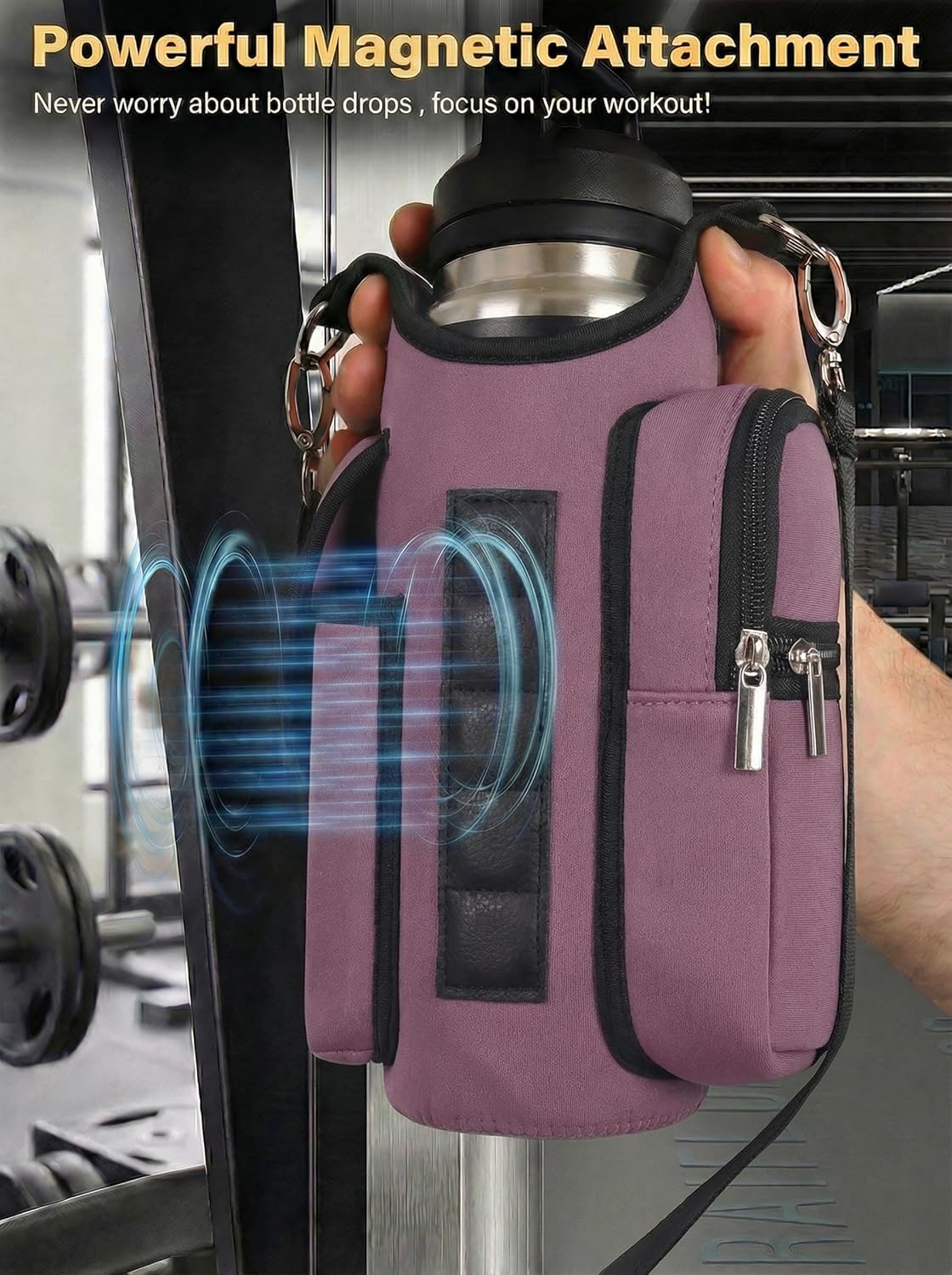 Magnetic Gym Tote,18-40oz Water Bottle Bag Holder,Neoprene Case Pouch with Phone Pocket,Men Women Workout Accessories