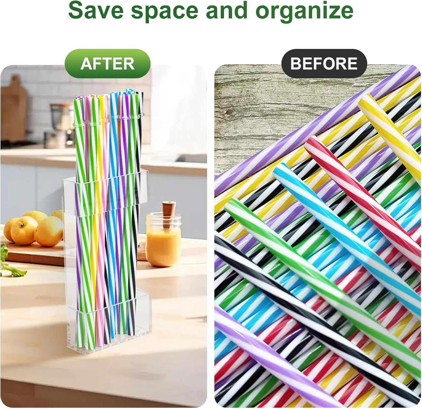 2 PACK Acrylic Straw Holder for Cabinet Doors, Reusable Straw Organizer with Ultra-Sticky Adhesive, Small Kitchen Accessories Container, Fits Both Short & Long Straws(Black)