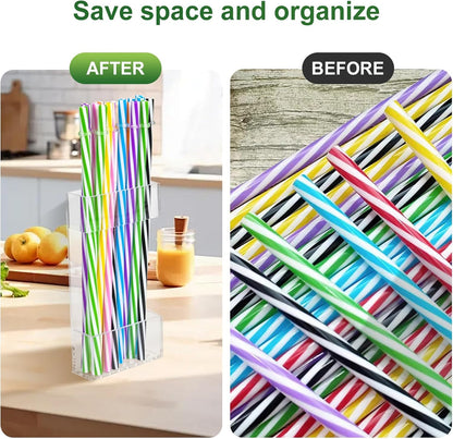 2 PACK Acrylic Straw Holder for Cabinet Doors, Reusable Straw Organizer with Ultra-Sticky Adhesive, Small Kitchen Accessories Container, Fits Both Short & Long Straws(Black)