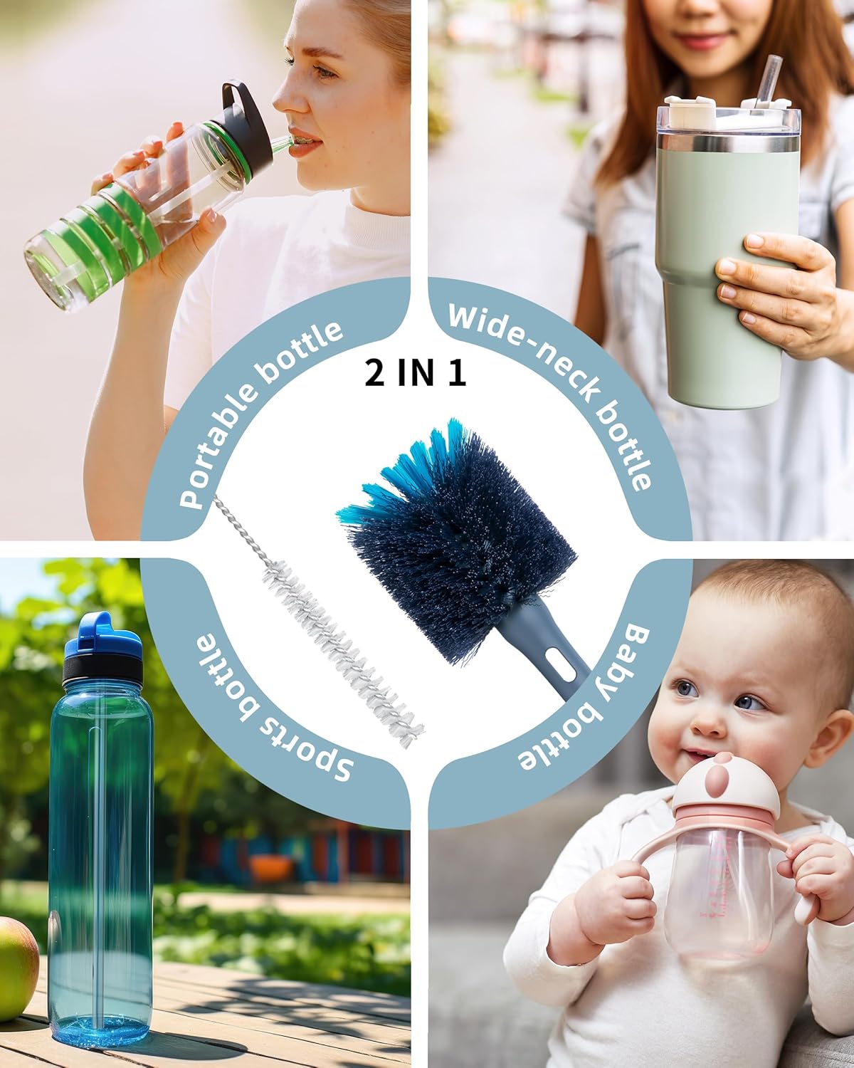 ROSEOK 2 in 1 Long Handle Bottle Brush with Straw Brush for Cleaning Glass, Sports Bottle, Coffee Mug,Navy Blue,1 Pack
