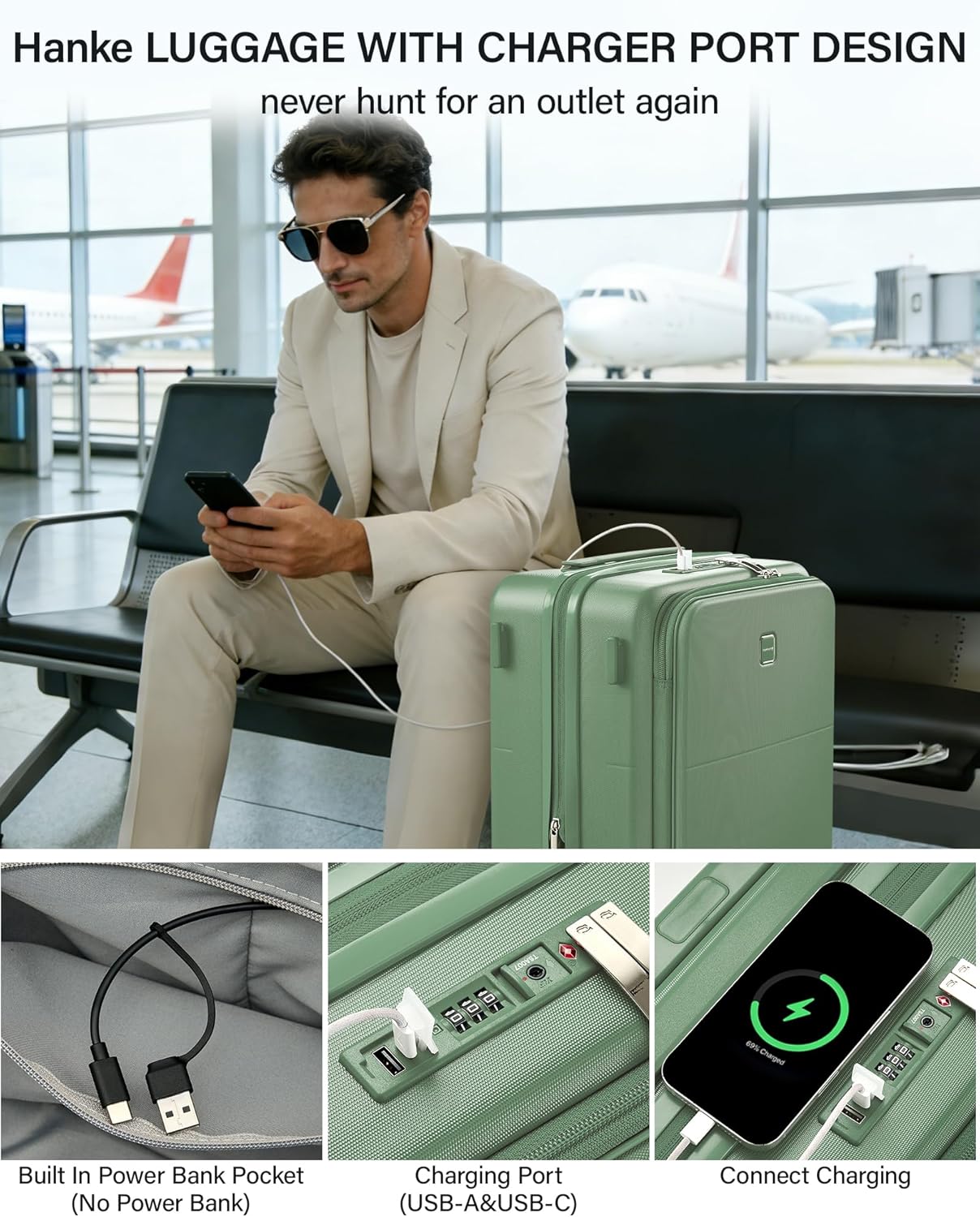 Hanke 20 Inch Expandable Carry On Luggage with Cup Holder 22x14x9 Airline Approved, Top Opening Hard Shell Suitcases with Wheels, Carry-On Travel Suitcase Trunk Luggage with Lock, Smoke White