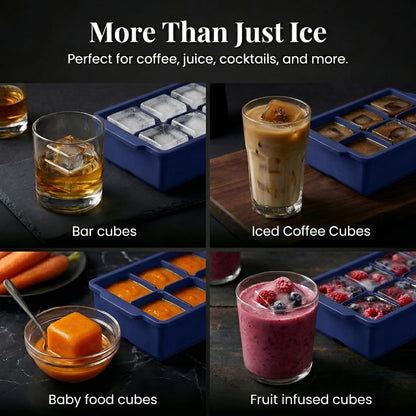 KitchFort Large Silicone Ice Cube Tray (2-Pack), Easy Release 2" Big Ice Cubes - Cocktail, Whiskey Ice Cubes Mold - Ice Trays for Freezer with Lid - Stackable Silicone Ice Tray - Black