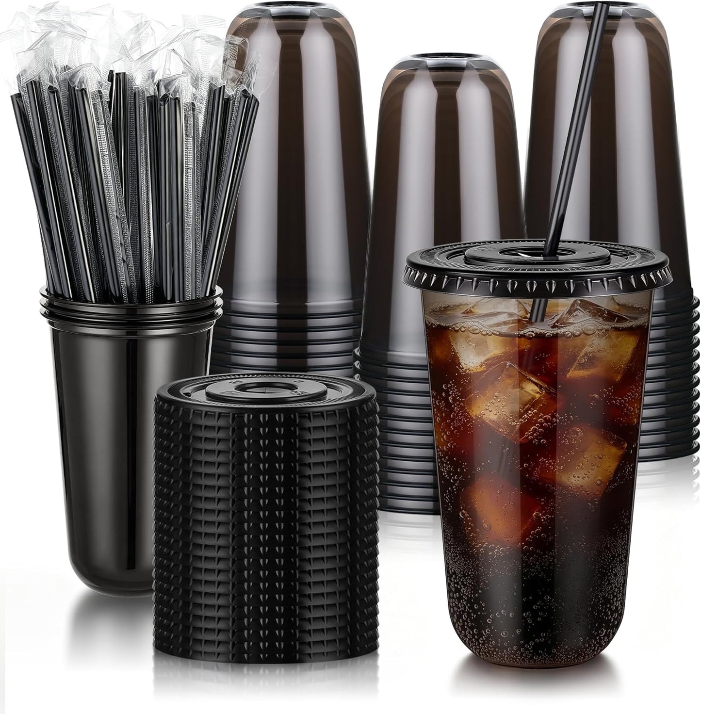 tchrules 100 Set 16oz Plastic Cups with Lids and Straws, Disposable Clear Iced Coffee Cup with Lid, Round Bottom Plastic To Go Cups for Cold Drinks Slushie Smoothie Lemonade Matcha Party Shop Supplies