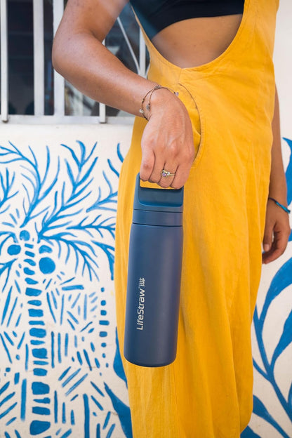 LifeStraw Go Series — Insulated Stainless Steel Water Filter Bottle for Travel and Everyday Use Removes Bacteria, Parasites and Microplastics, Improves Taste, 1L Aegan Sea