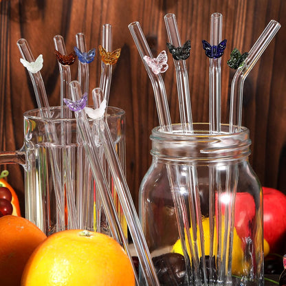 Meanplan 10 Pcs Cute Reusable Glass Straws with Design,8 mm x 7.9'' Shatter Resistant Butterfly Bow Clear Bent Glass Straw with Cleaning Brush for Drink Party Milkshakes Juice (Mixed Color)