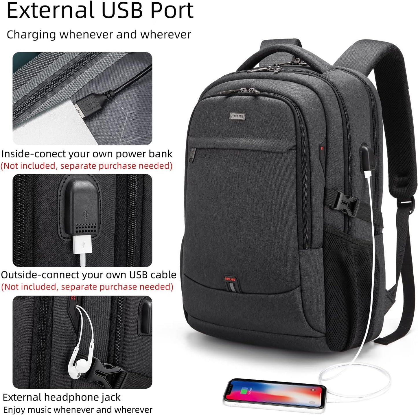 DUSLANG 17 Inch Laptop Backpack for Travel Water Resistant College Backpack for Men/Women Laptop Bag with USB Charging Port,Black - Colors B