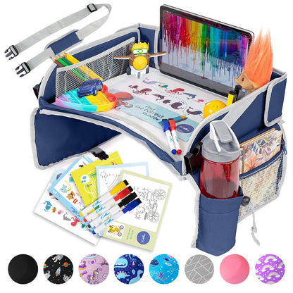 PILLANI Kids Travel Tray for Car - Car Seat Tray with Activity Sheets & Pens, Road Trip Essentials for Car & Airplane, Must Have Toddler Travel Lap Desk Accessories - Road Trip Activities for Kids