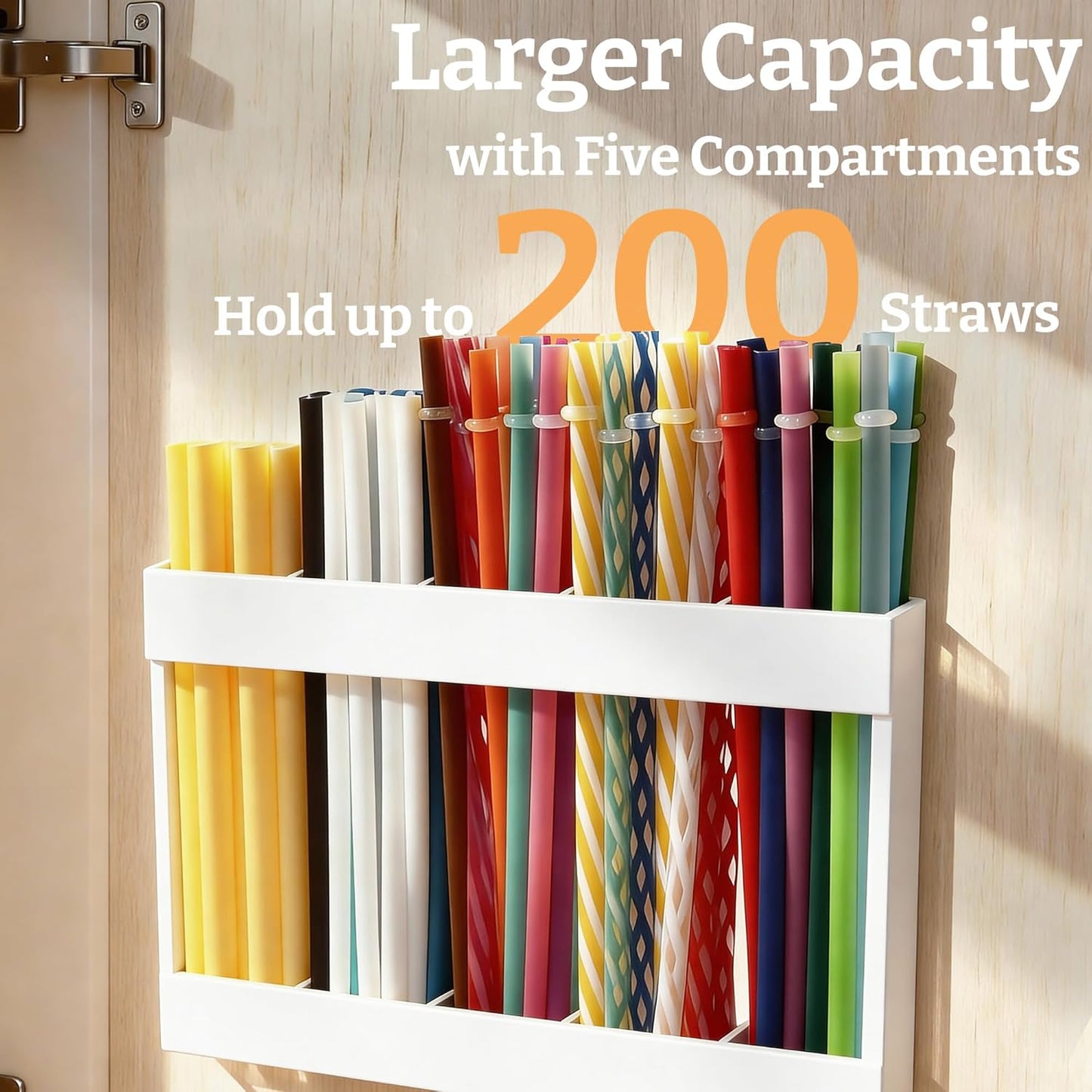 9.5” Large Acrylic Straw Holder for Cabinet Door with Detachable Ultra Sticky Adhesive Squares and Stickers, 2026 Reusable Straws Organizer Storage Dispenser for Kitchen Counter Cupboard