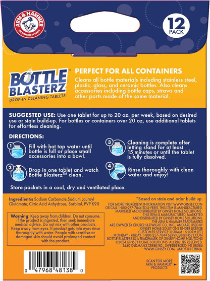 Arm & Hammer Bottle Blasterz - Drop-In Cleaning Tablets - Perfect for Water Bottles, Tumblers, and Coolers - All-Natural Ingredients, Eliminates Odors, Fast-Acting, Individually Packed (12 Count)