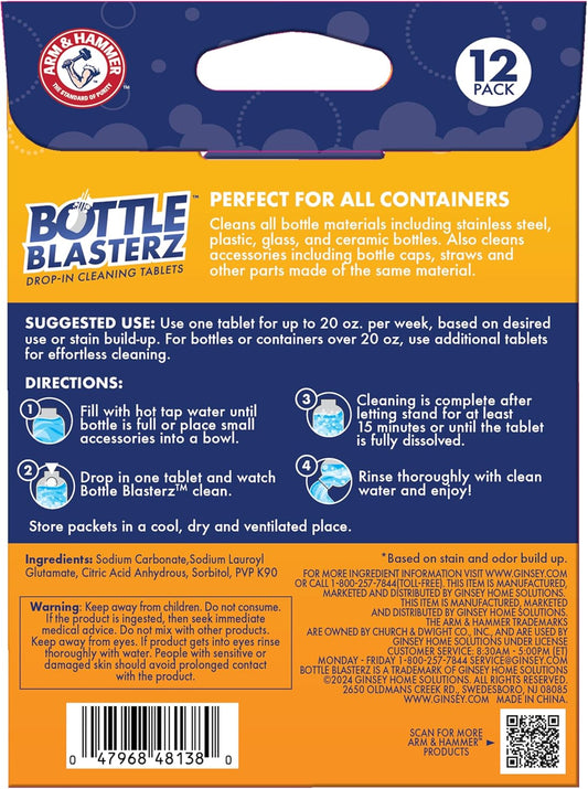 Arm & Hammer Bottle Blasterz - Drop-In Cleaning Tablets - Perfect for Water Bottles, Tumblers, and Coolers - All-Natural Ingredients, Eliminates Odors, Fast-Acting, Individually Packed (12 Count)