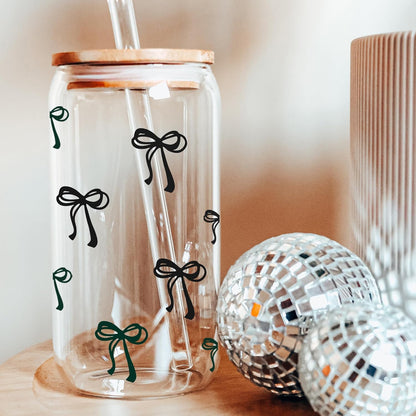 Coquette Cute Pink Bow Glass Cups with Lids and Straws, Aesthetic Iced Coffee Matcha Cup, Girly Preppy Design Tumbler Mug, Valentines Christmas Birthday Gifts for Women, Teen Girl Gifts Trendy Stuff