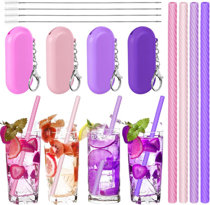 Meanplan 4 Sets Cruise Ship Essentials,4 Set Silicone Straws with Case Reusable Silicone Portable Drinking Straw Set for Party Travel Cold or Hot with 4 Carry Case, 4 Cleaning Brushes (Classic Color)