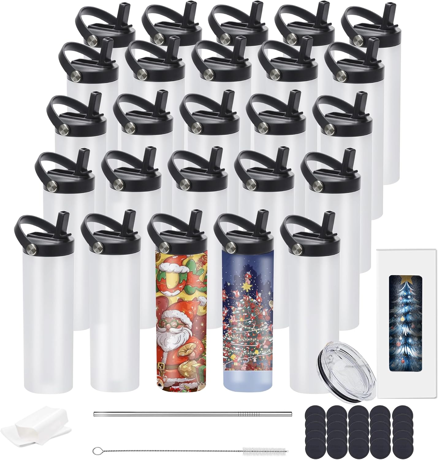 20oz sublimation sport tumblers blanks with two lids ，flat edge sublimation tumblers，double wall stainless steel insulted cup，for Heat Transfer, White (8, with flex handle lid)