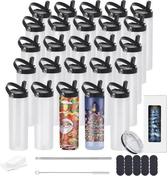 20oz sublimation sport tumblers blanks with two lids ，flat edge sublimation tumblers，double wall stainless steel insulted cup，for Heat Transfer, White (8, with flex handle lid)