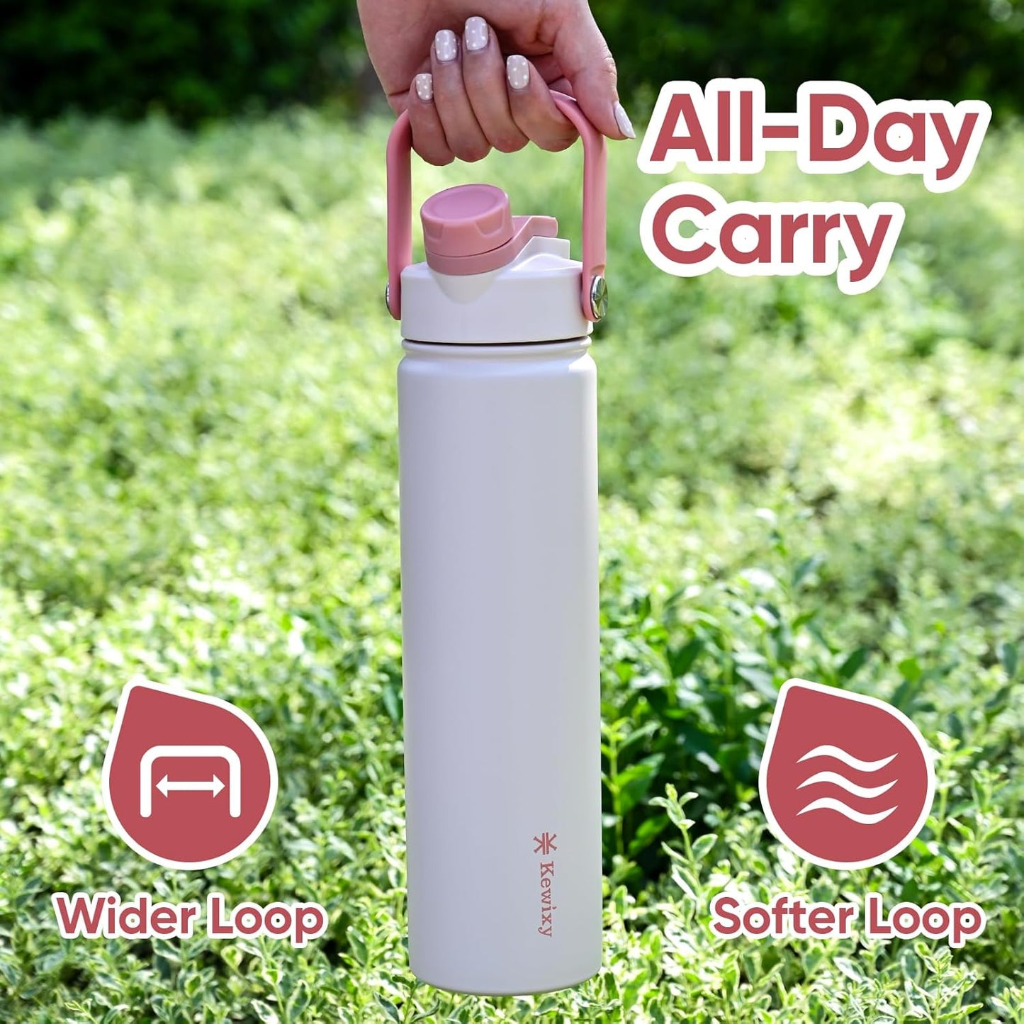 KEWIXY 32 oz Insulated Water Bottle, 2-in-1 Lid, Straw & Spout with Protected, Leak Proof, Keep Cold, Stainless Steel, Metal, Reusable, Handle, for Outdoor, Gym and School, 2 Lids, Blush Pink