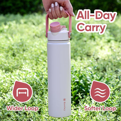 KEWIXY 32 oz Insulated Water Bottle, 2-in-1 Lid, Straw & Spout with Protected, Leak Proof, Keep Cold, Stainless Steel, Metal, Reusable, Handle, for Outdoor, Gym and School, 2 Lids, Blush Pink