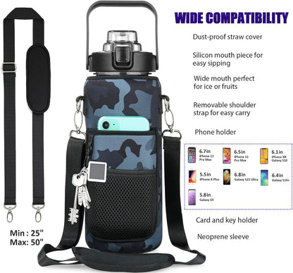 Half Gallon Water Bottle with Sleeve, 64OZ Motivational Water Bottle with Straw & Time Marker, BPA Free Leakproof Gym for Sport Workout