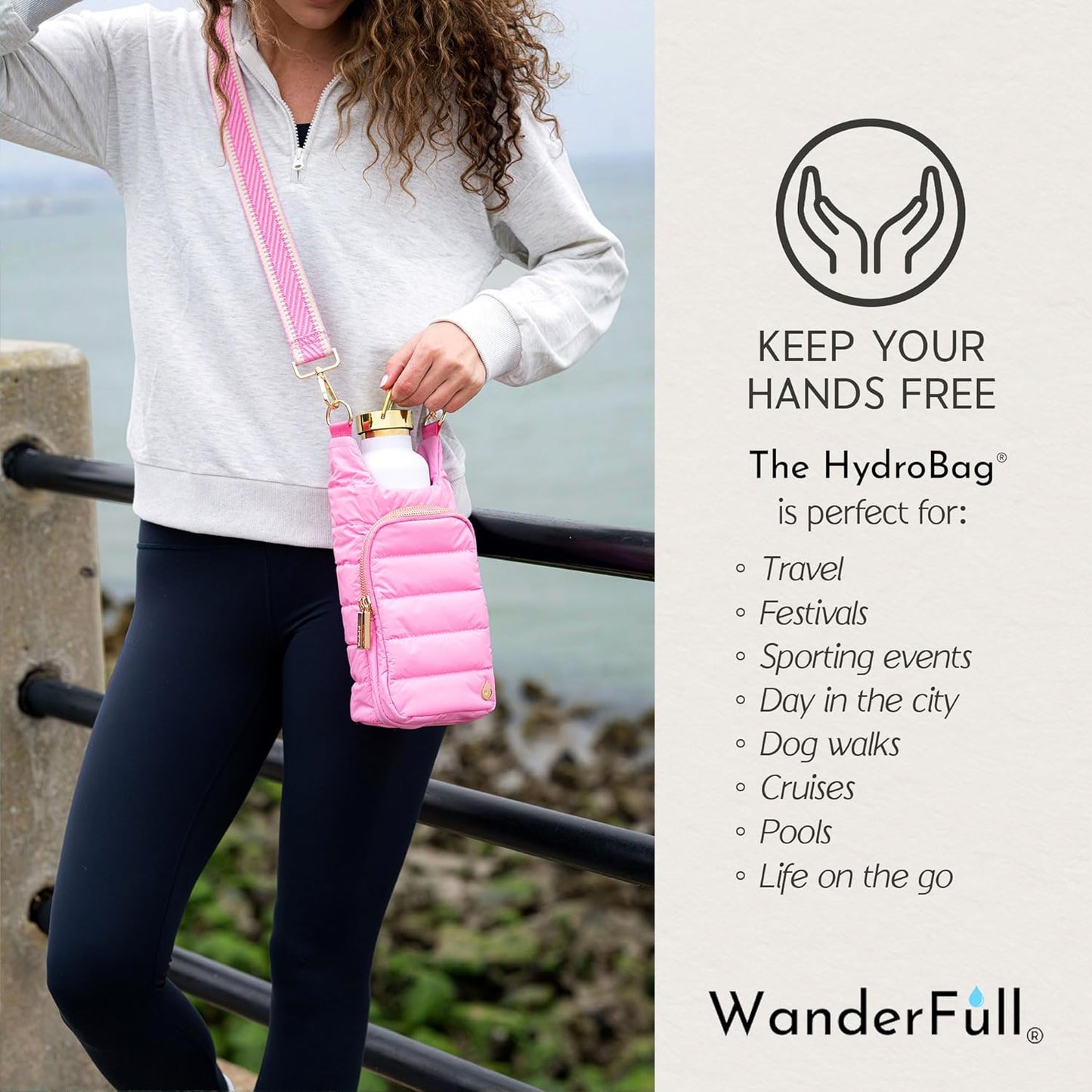 WanderFull Original HydroBag Fits Up to 32 oz Water Bottle Holder with Strap – Hands-Free Crossbody Water Bottle Carrier Bag with Phone Pocket - Colors A