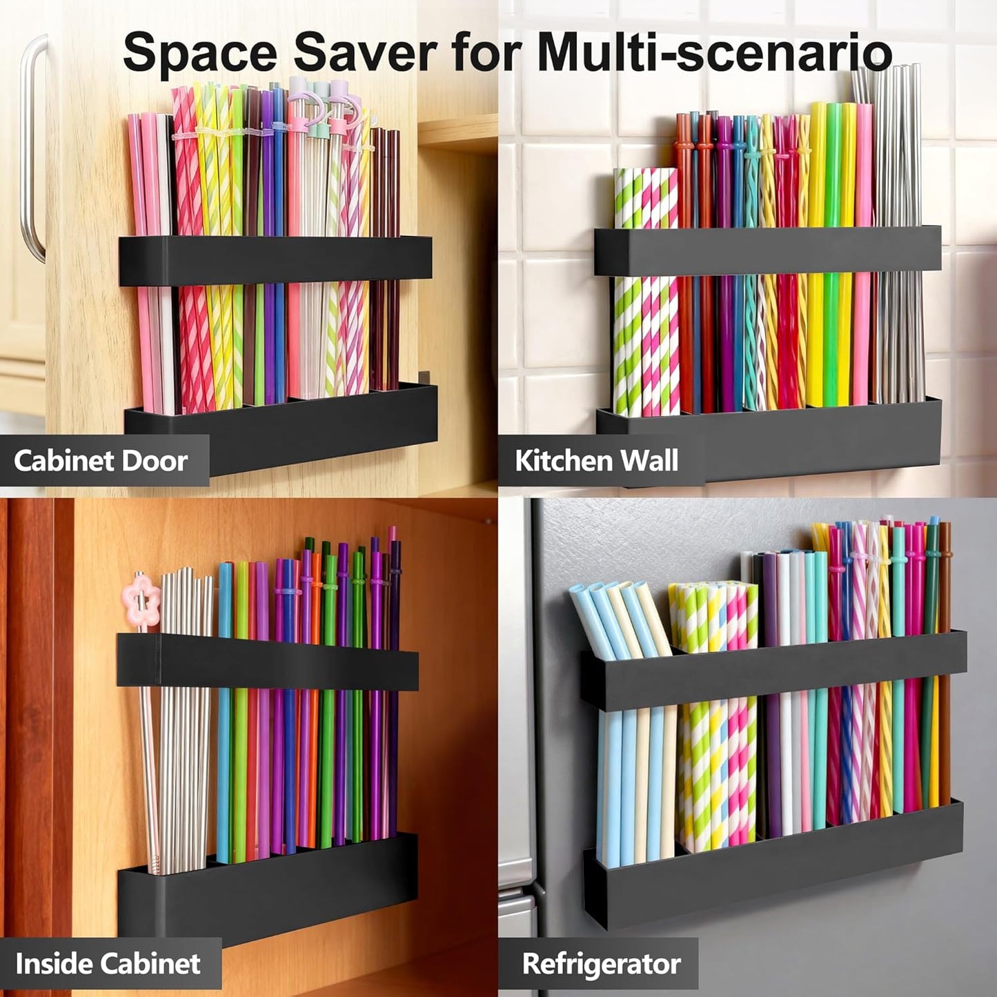 9.5” Large Acrylic Straw Holder for Cabinet Door, Reusable Adjustable Two-Part Straws Organizer with Ultra Sticky Adhesive Strips, 2026 Straw Storage for Kitchen Cupboard (Transparent)