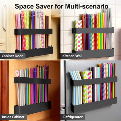 9.5” Large Acrylic Straw Holder for Cabinet Door, Reusable Adjustable Two-Part Straws Organizer with Ultra Sticky Adhesive Strips, 2026 Straw Storage for Kitchen Cupboard (Transparent)
