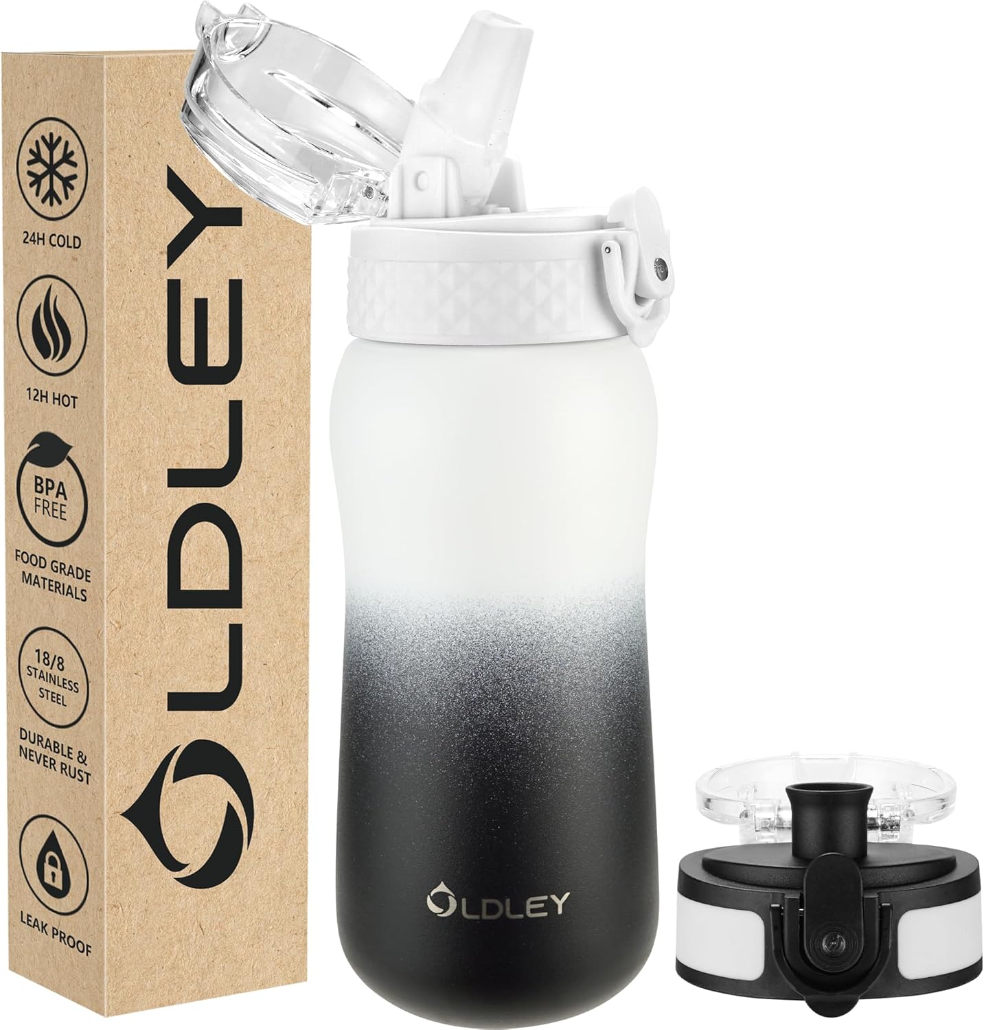 Oldley Insulated Water Bottle 20oz for Adults Kids Stainless Steel Water Bottles with Straw/Chug/Carabiner 3 Lids Fruit Strainer Double Wall Vacuum Wide Mouth BPA Free Leak-Proof for School Travel