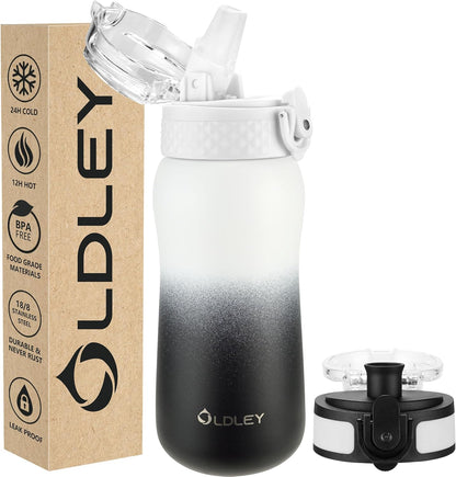Oldley Insulated Water Bottle 20oz for Adults Kids Stainless Steel Water Bottles with Straw/Chug/Carabiner 3 Lids Fruit Strainer Double Wall Vacuum Wide Mouth BPA Free Leak-Proof for School Travel