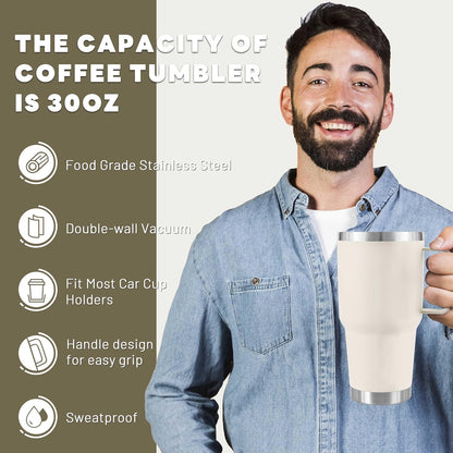 30 oz Tumbler With Handle, Double Wall Stainless Steel Vacuum Insulated Travel Mug with Splash-Proof Lid Metal Straw and Brush (Cream)