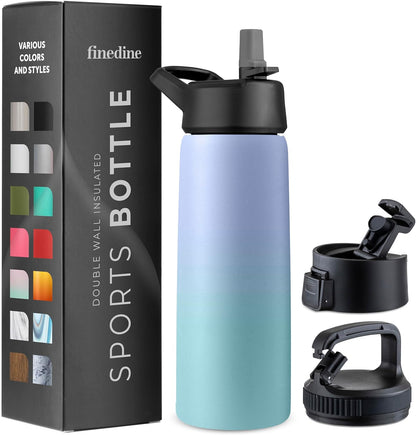 FineDine Water Bottle - Stainless Steel Insulated Water Bottle with Straw Lid, Flip Lid & Wide-Mouth Cap - Keeps Hot and Cold - 25 Oz / 739ml - Dreamy Purple