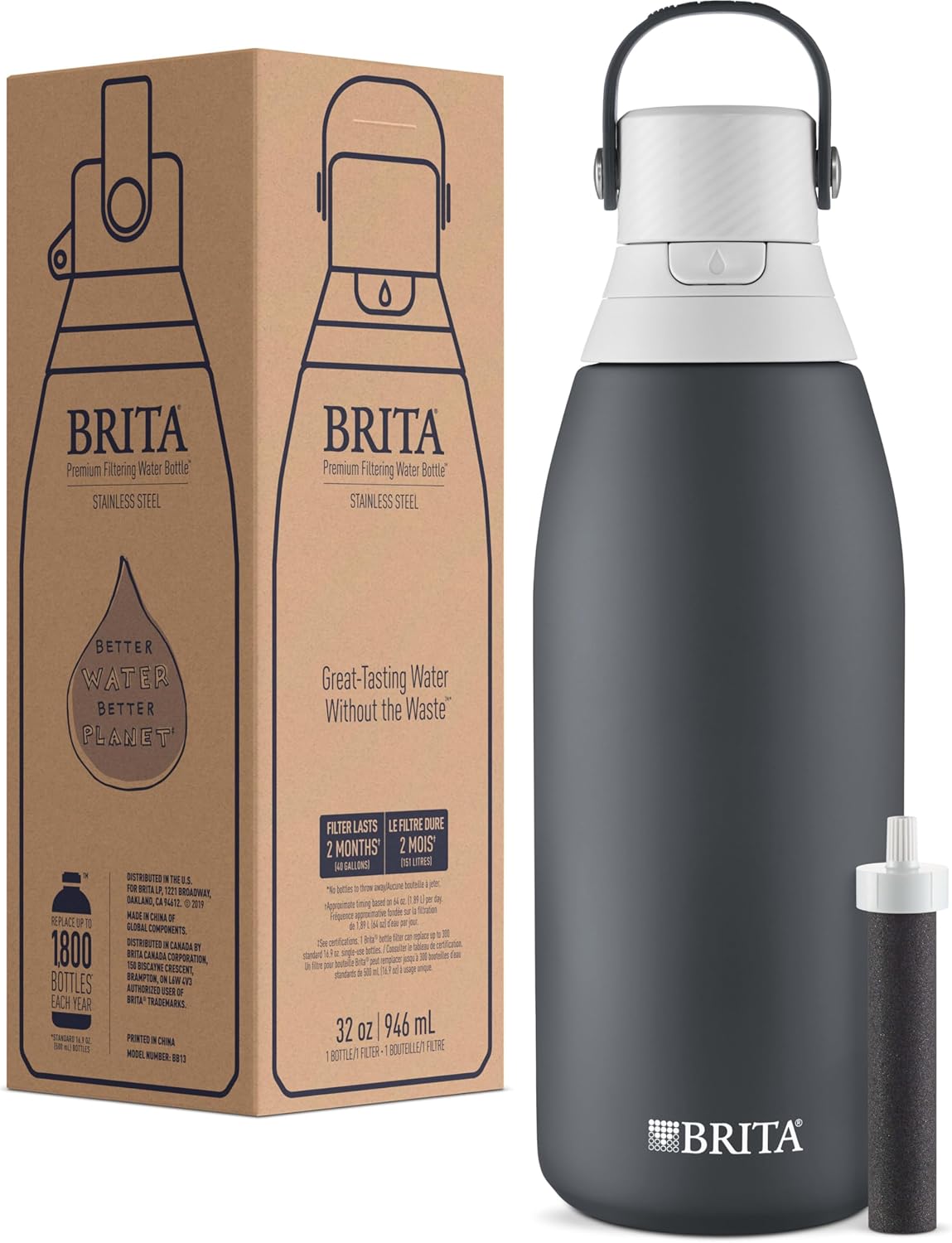 Brita Stainless Steel Premium Filtering Water Bottle, BPA-Free, Reusable, Insulated, Replaces 300 Plastic Water Bottles, Filter Lasts 2 Months or 40 Gallons, Includes 1 Filter, Carbon - 32 oz