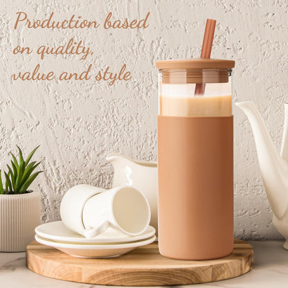 Tronco 20 oz Glass Tumbler with Lids and Straws, Reusable Iced Coffee Cups with Silicone Lid & Protective Sleeve, Dishwasher Safe, BPA-Free Borosilicate Glass for Coffee, Iced Tea, Water & Smoothies