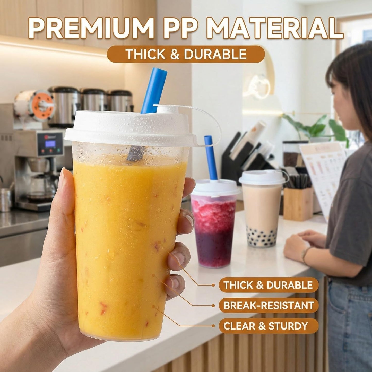 100 Sets Bulk Frosted Disposable Hard Plastic Cups With Straws Lids,90mm Disposable Bubble Boba Milk Tea ToGo Cups Cold Hot Plastic coffee Boba Tea Business TakeAway Supplies (16, ounces)
