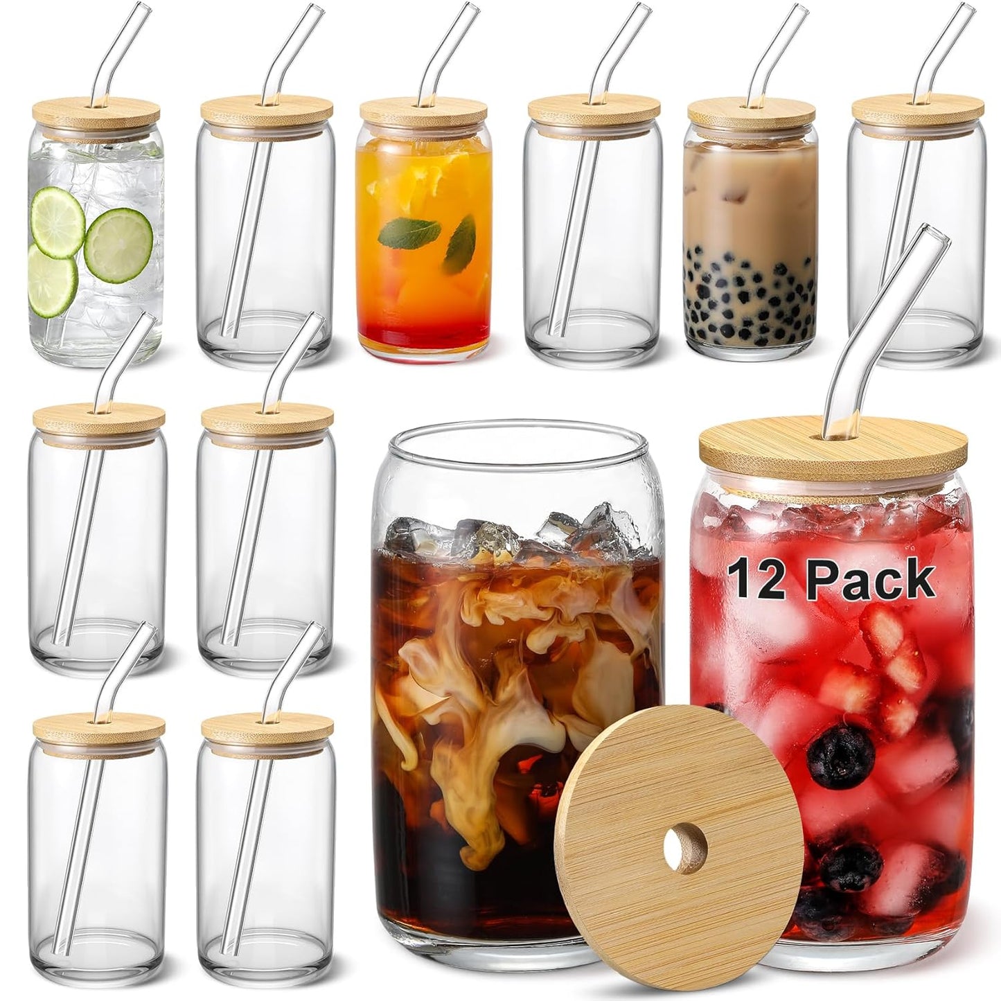 [ 12pcs Set ] Glass Cups with Bamboo Lids and Glass Straw - Beer Shaped Drinking Glasses, 16 oz Iced Coffee Glasses, Cute Tumbler Cup for Smoothie, Boba Tea, Whiskey, Water - 4 Cleaning Brushes