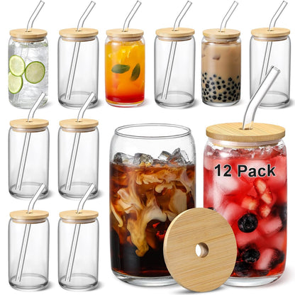 [ 12pcs Set ] Glass Cups with Bamboo Lids and Glass Straw - Beer Shaped Drinking Glasses, 16 oz Iced Coffee Glasses, Cute Tumbler Cup for Smoothie, Boba Tea, Whiskey, Water - 4 Cleaning Brushes
