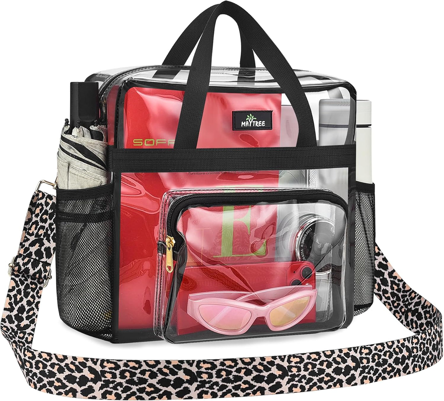 MAY TREE Clear Bag for Stadium Events, 12×5.5×12 Clear Tote Lunch Bag with Non-detachable Reinforced Straps for Work, Sporting Events and Gym, Black