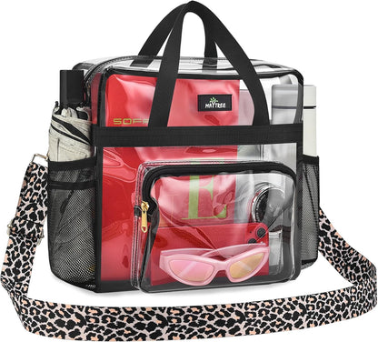 MAY TREE Clear Bag for Stadium Events, 12×5.5×12 Clear Tote Lunch Bag with Non-detachable Reinforced Straps for Work, Sporting Events and Gym, Black