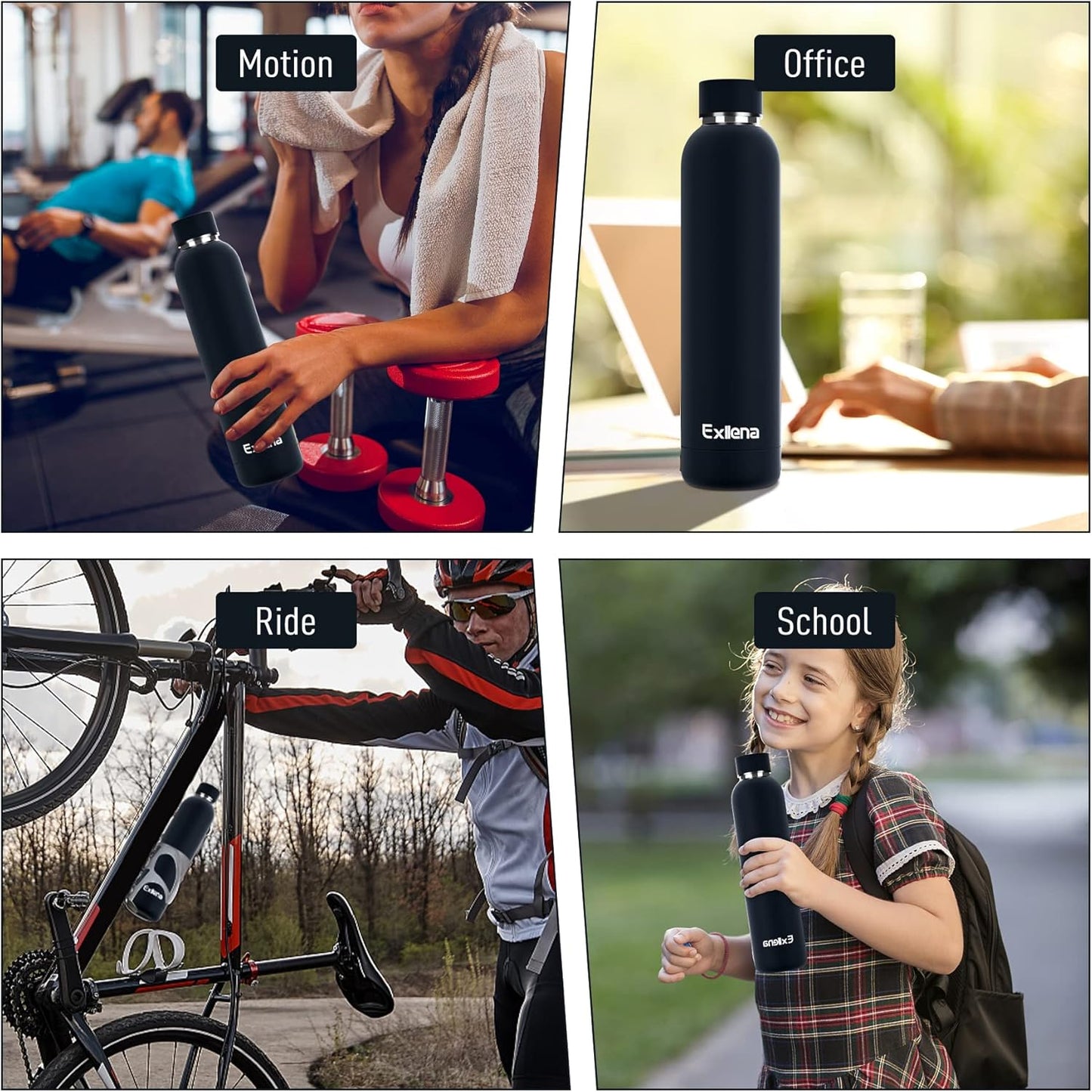 Exllena Slim Insulated Water Bottles for Travel 18oz with Clip, Double Wall Vacuum Stainless Steel Water Bottle Keeps Drinks Cold 24 Hrs/Hot 12 Hrs, 100% Leakproof, BPA Free(Black)