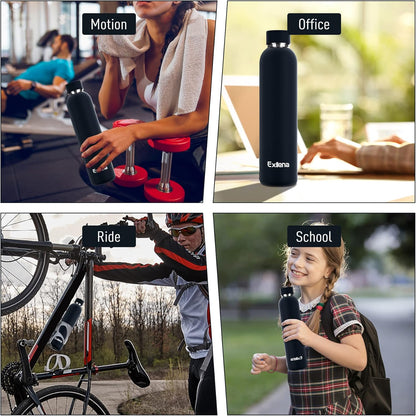 Exllena Slim Insulated Water Bottles for Travel 18oz with Clip, Double Wall Vacuum Stainless Steel Water Bottle Keeps Drinks Cold 24 Hrs/Hot 12 Hrs, 100% Leakproof, BPA Free(Black)