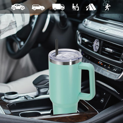 DOMICARE 40 oz Tumbler with Handle and Straw, Stainless Steel Tumbler with Lid and Straw, Reusable Vacuum Insulated Cup, Travel Coffee Mug, Blue, 1Pack