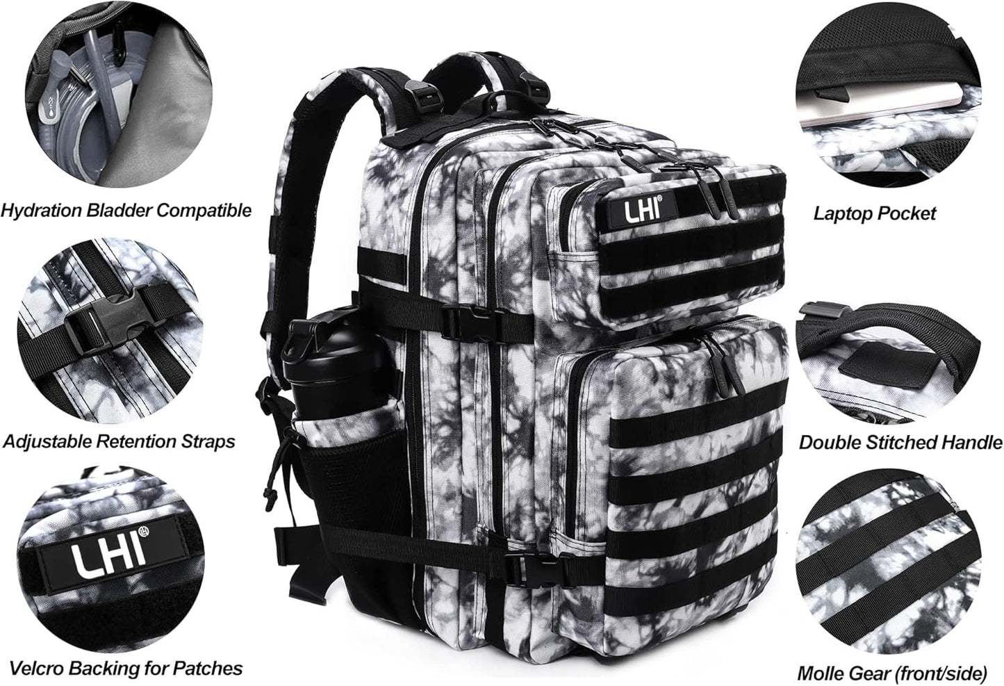 LHI Military Tactical Backpack for Men and Women 45L Army 3 Days Assault Pack Bag Large Rucksack with Molle System - Black - Colors B