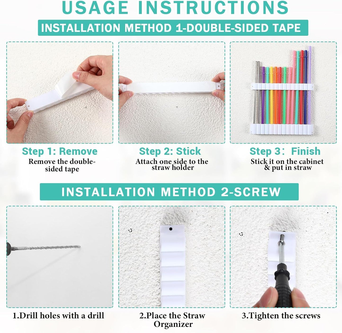 Baderke Straw Holder for Cabinet Reusable Straw Organizer with Double Sided Adhesive Tape Screws Storage Container for Kitchen Counter Cupboard(White,Classic)